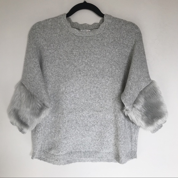 Cat & Jack Heather Gray Fur Cuff Pullover Sweater Girls Large (10-12) Holiday - Picture 1 of 9